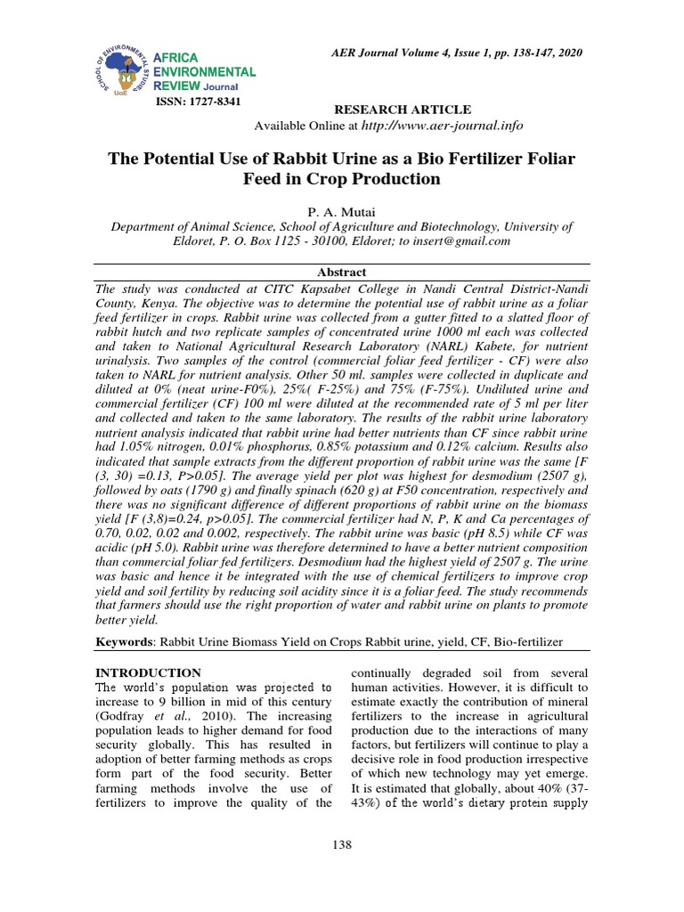 The Potential Use of Rabbit Urine As A Bio Fertilizer Foliar PDF