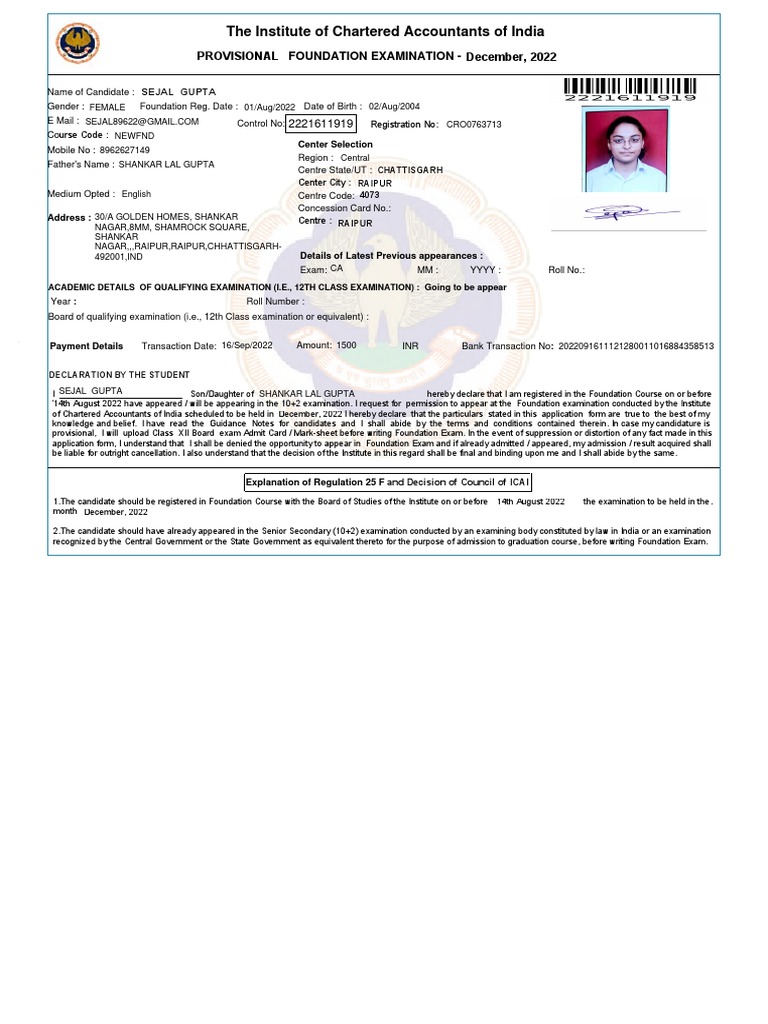 The Institute of Chartered Accountants of India Foundation Examination