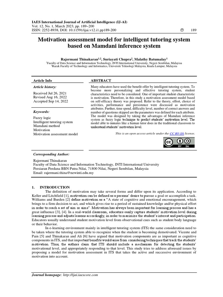 Motivation Assessment Model For Intelligent Tutoring System Based On ...