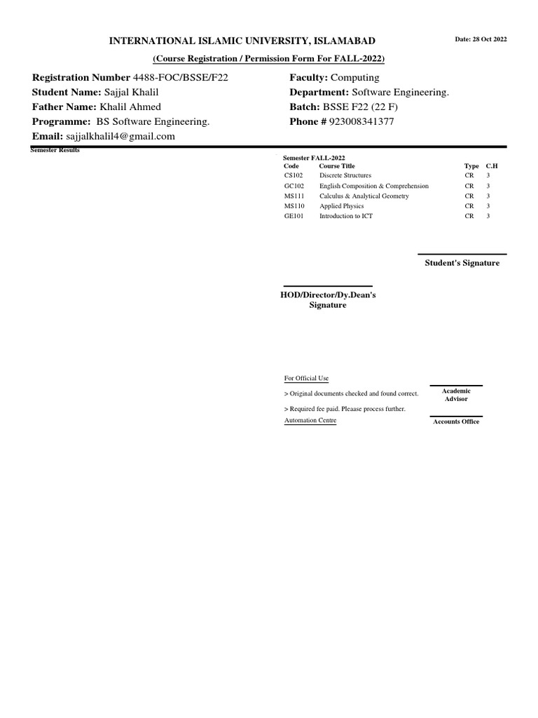 IIUI Course Registration Fall 2022 | PDF