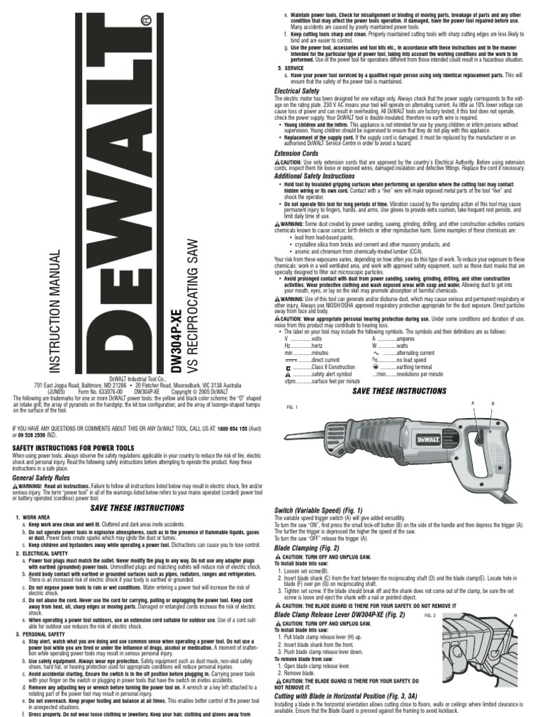DeWalt DW304P Reciprocating Saw PDF Blade Personal Protective Equipment