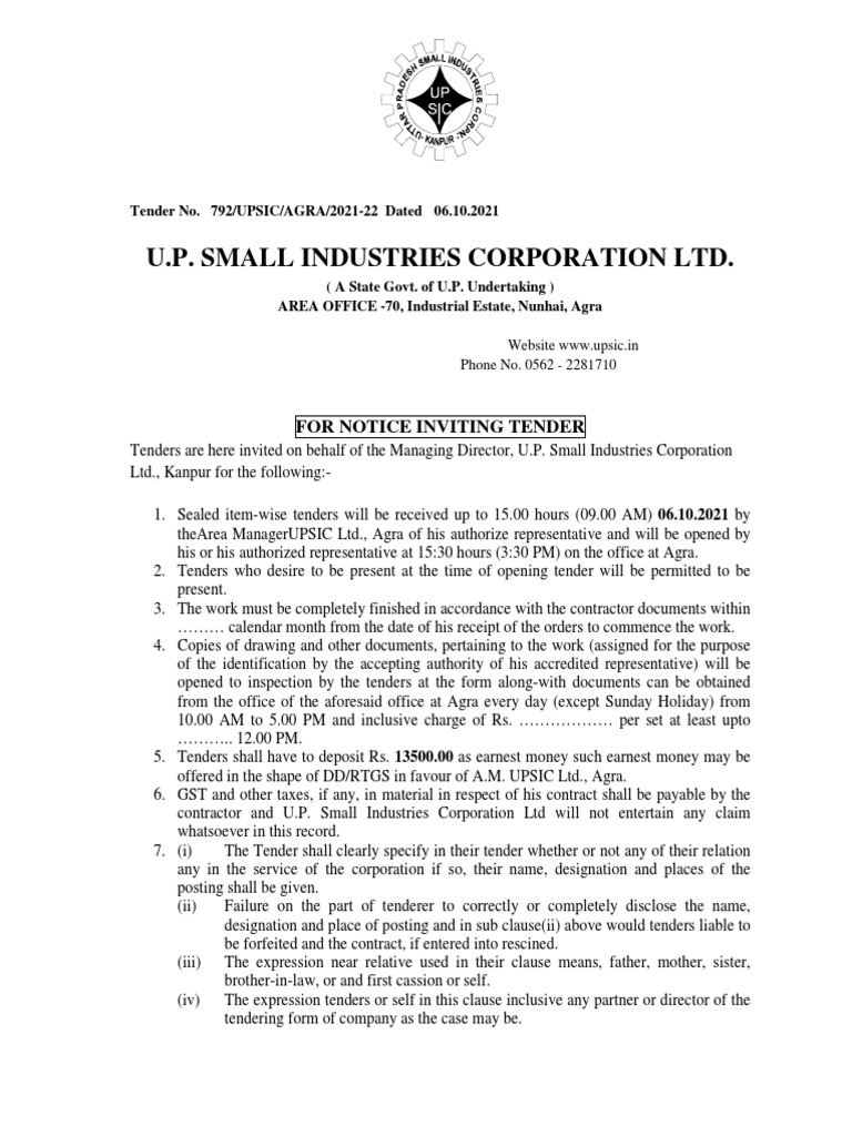 U.P. Small Industries Corporation LTD. For Notice Inviting Tender PDF Taxes Economies