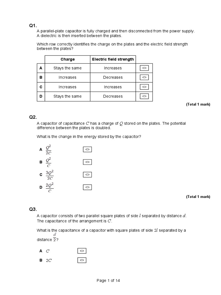 23 Capacitors Multi Choice EXTRA Questions Part 1 PDF Capacitor