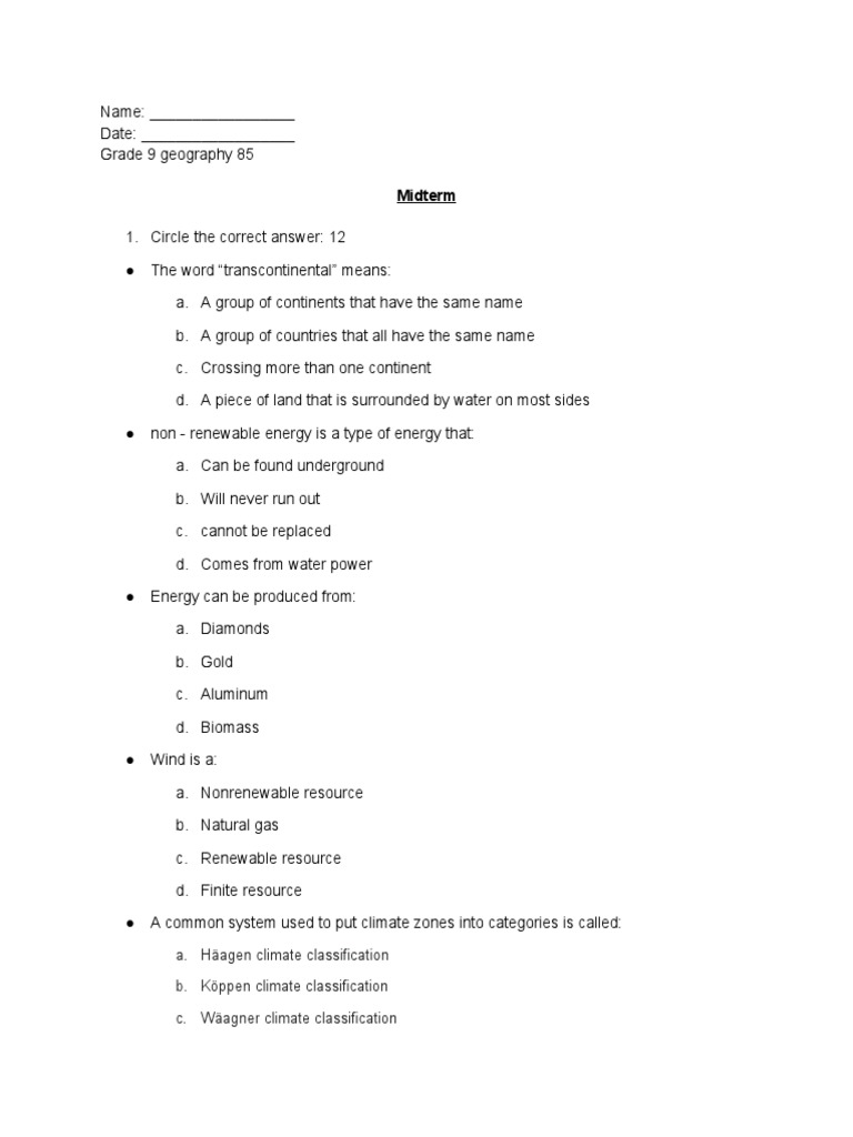Grade 9 Geography Midterm PDF