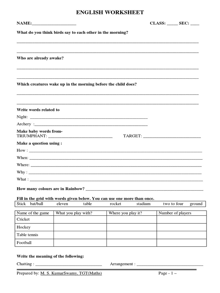Grade 1 English Worksheet Activities | PDF