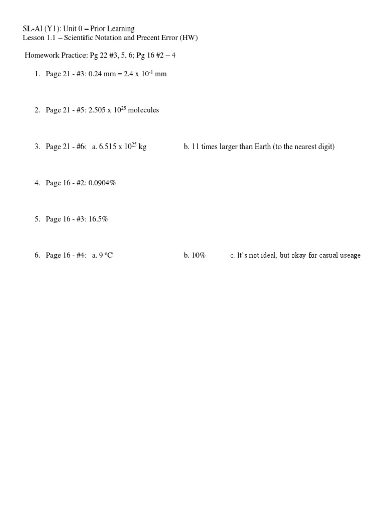 SL AI (Y1) Unit 1 Lesson 2 - Scientific Notation and Percent Error HW ...