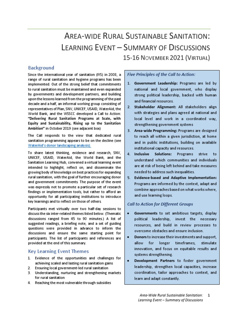 Rural Sanitation Learning Event Nov 2021 Summary Final Pdf