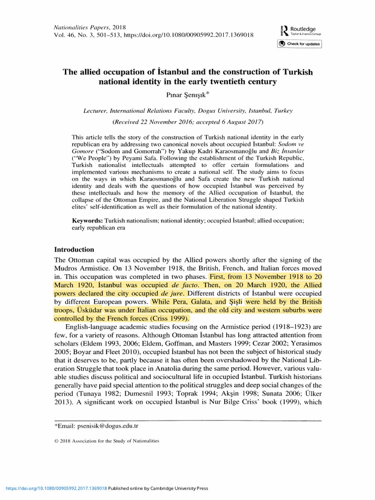 The Allied Occupation of Istanbul and The Construction of Turkish