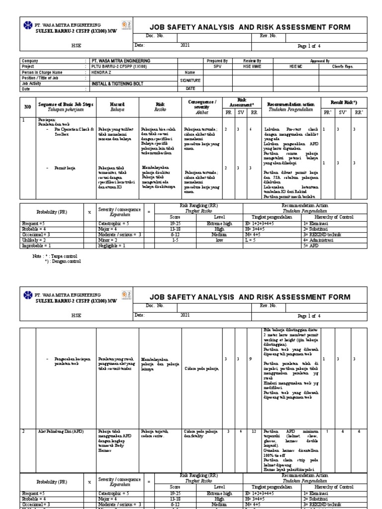 JSA & Risk Assessment PLTU Barru-2 | PDF