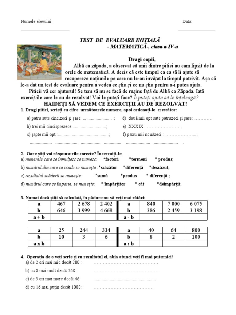 Test de Evaluare Initiala Mem Cls A IV A | PDF