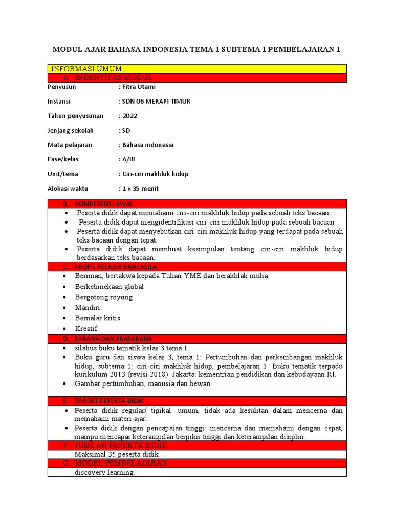 Modul Ajar Kelas 3 Sd Semester 1 Pdf