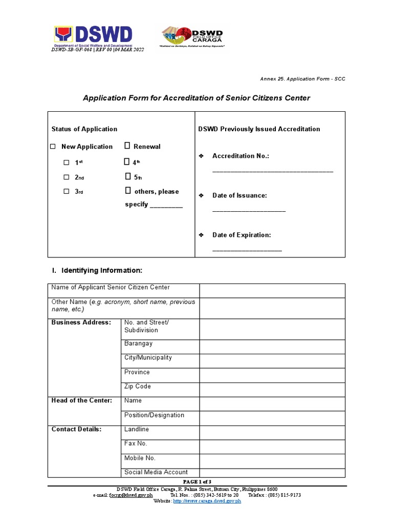 DSWD SB GF 068 Application Form For Accreditation of Senior Citizens ...