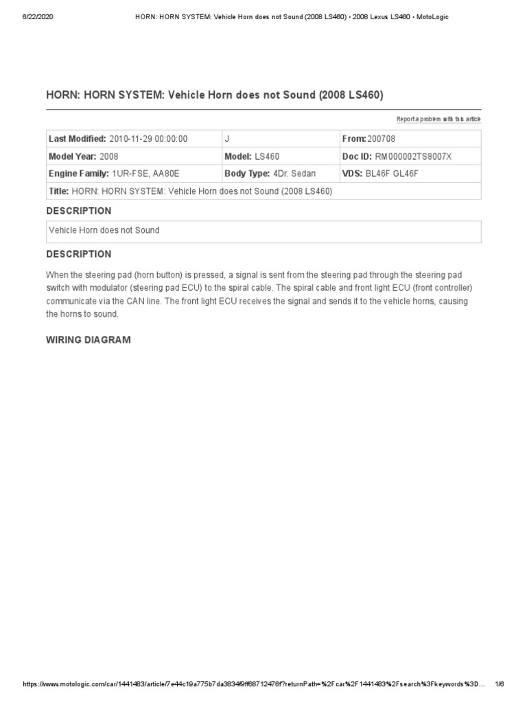 HORN HORN SYSTEM Vehicle Horn Does Not Sound (2008 LS460