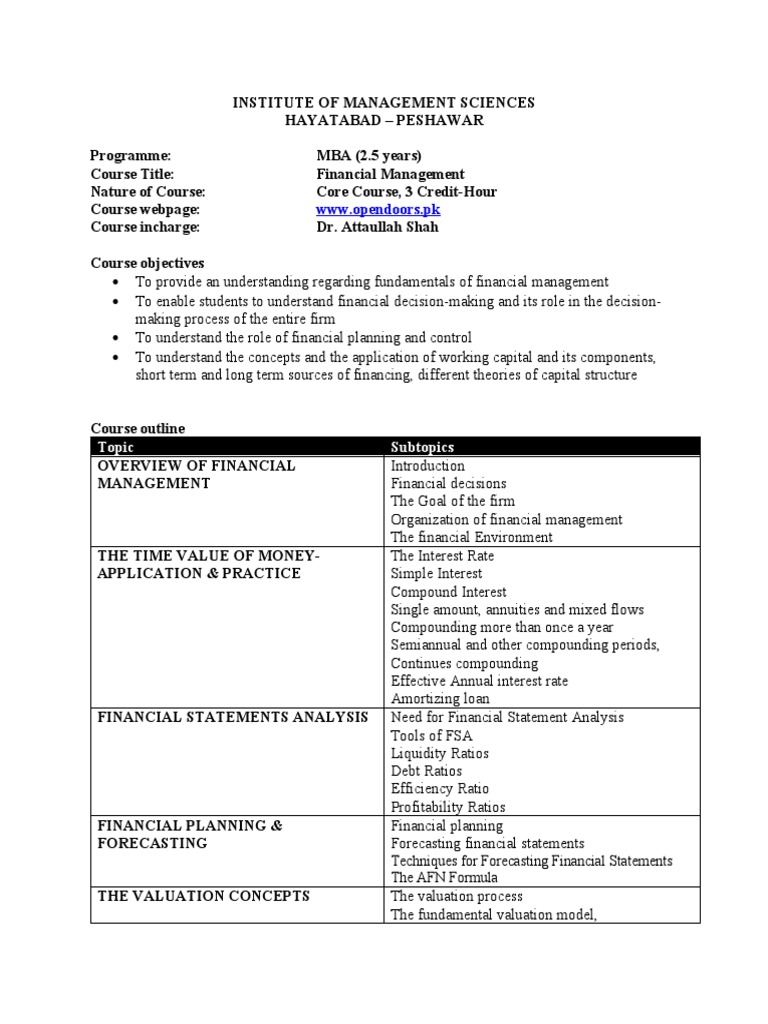 Financial Management Course Outline PDF Valuation (Finance) Interest