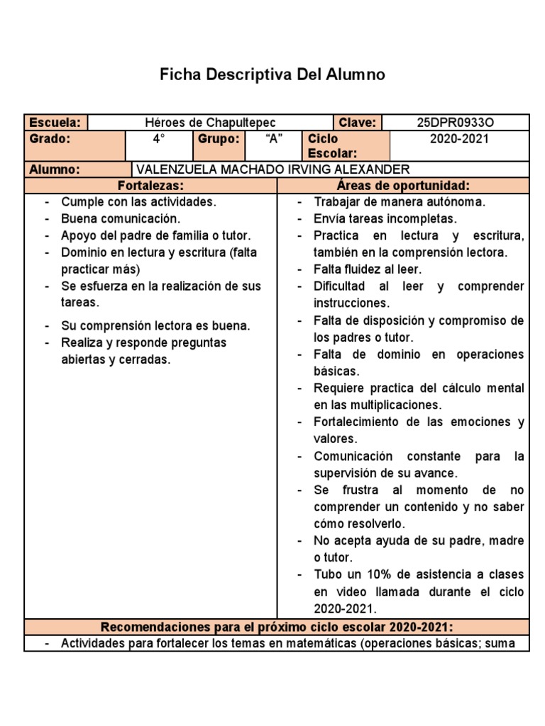 Ficha Descriptiva de Alumnos 4° Grado | PDF | Comprensión lectora ...