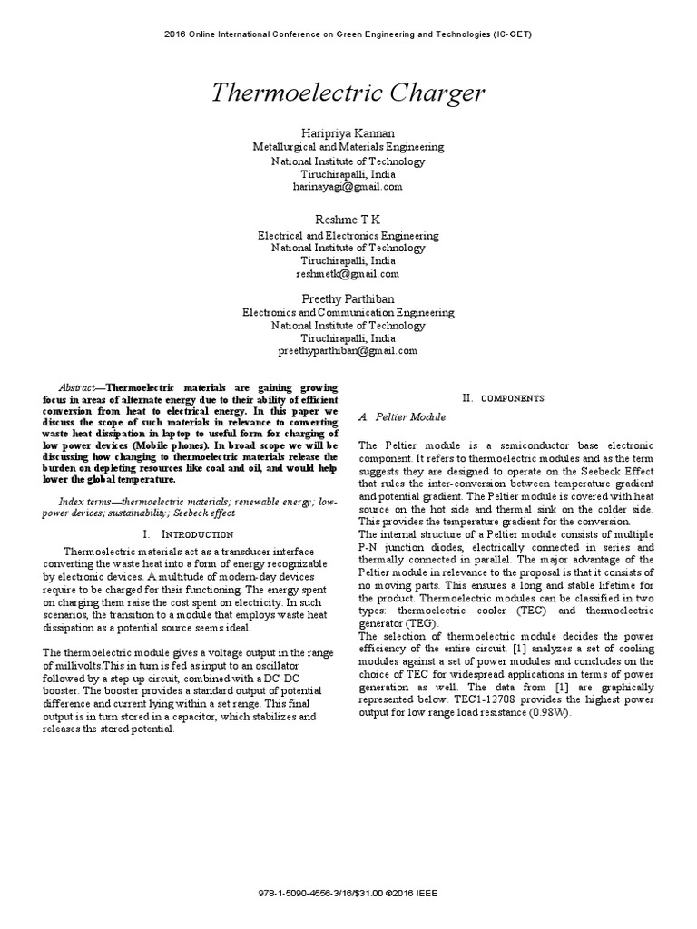Thermoelectric Charger PDF Rectifier Capacitor