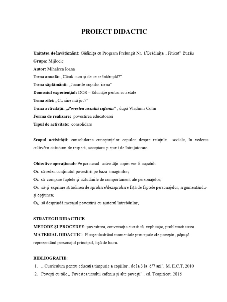 Proiect Didactic - Povestea Ursului Cafeniu | PDF