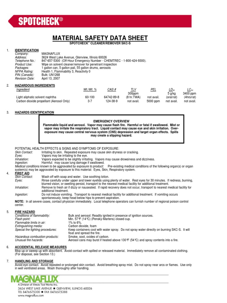 Spotcheck Cleaner SKC-S Safety Data Sheet | PDF | Fires | Combustion