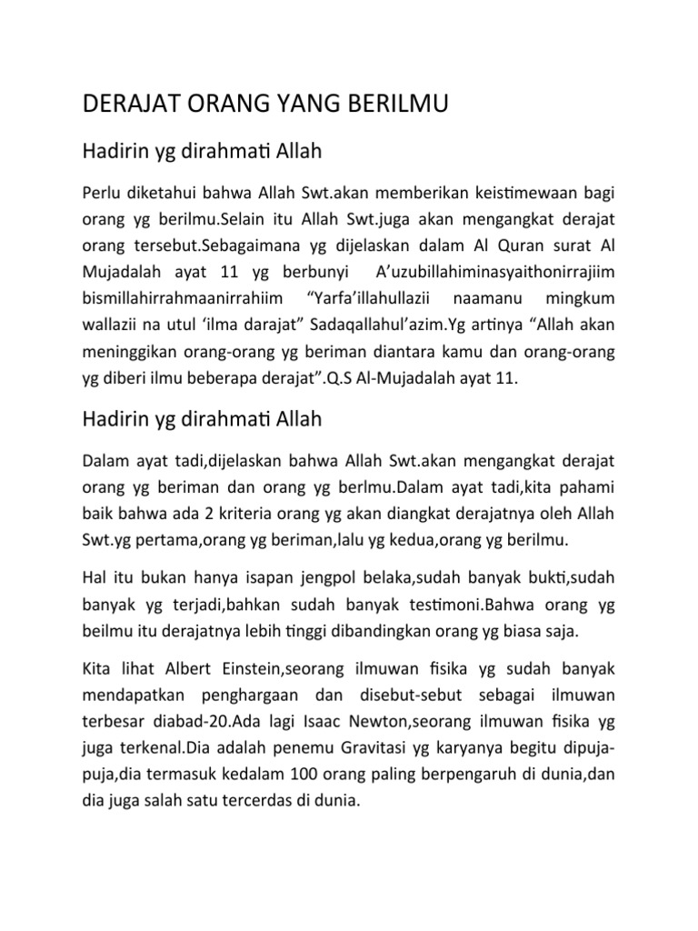 Pidato Derajat Orang Yang Berilmu | PDF