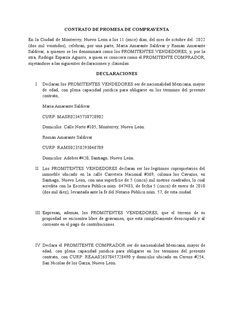 Contrato de Promesa de Compraventa Inmueble | PDF | Ley común | Derecho ...