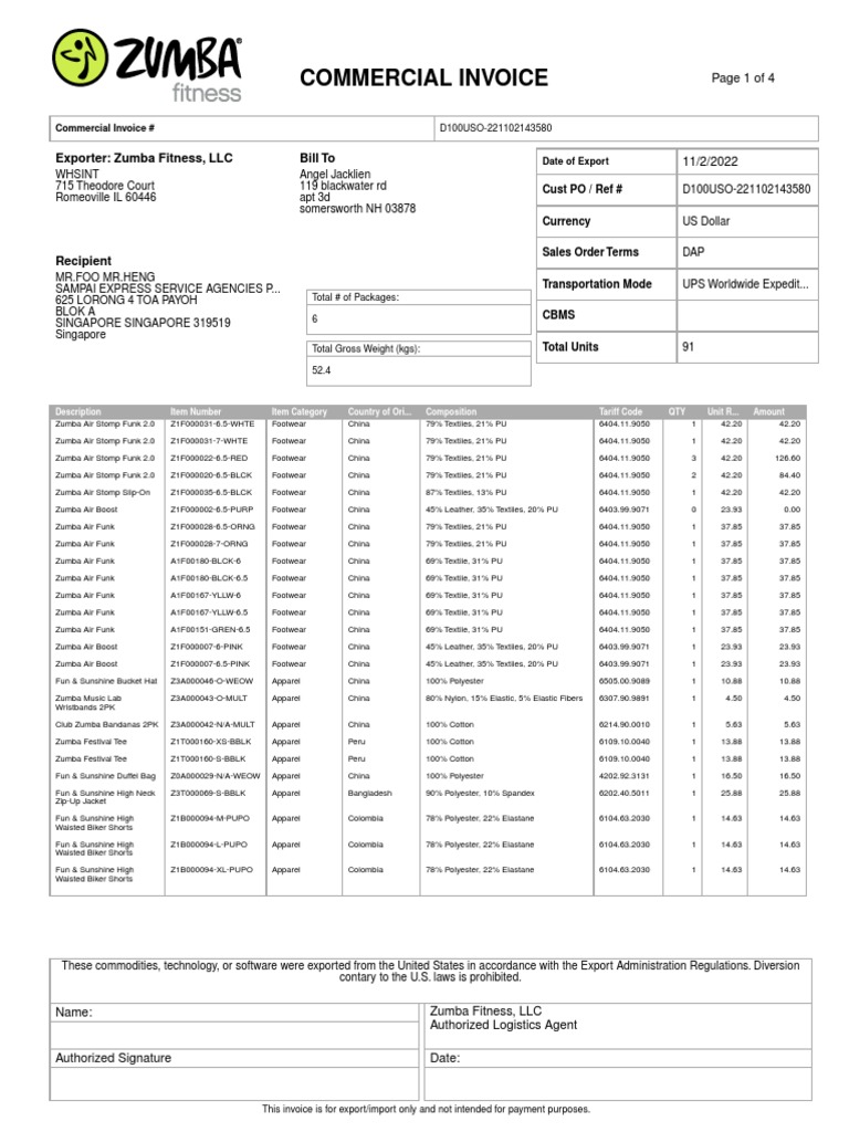 CommercialInvoiceD100USO 221102143580 | PDF | Cotton | Softlines (Retail)