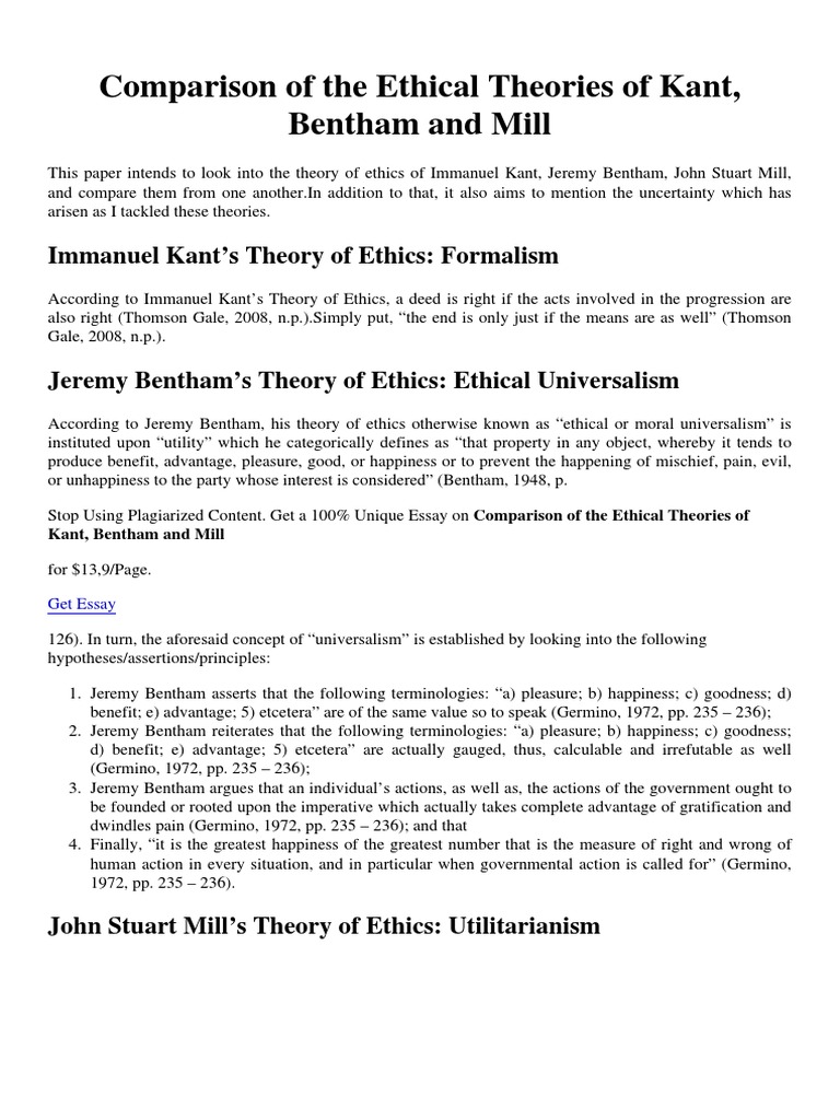Comparison of The Ethical Theories of Kant, Bentham and Mill PDF