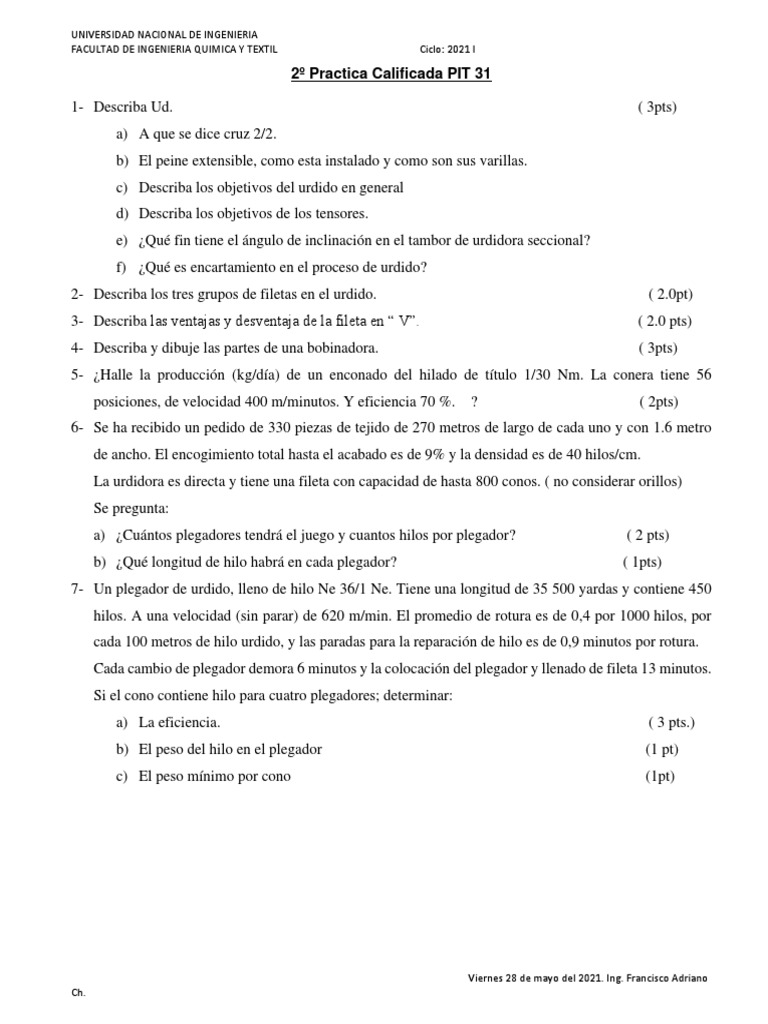 Práctica de Urdido en Ingeniería Textil | PDF | Ciencia y matemáticas