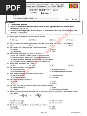 Grade 10 Science 2nd Term Test Paper 2019 English Medium North Central Province
