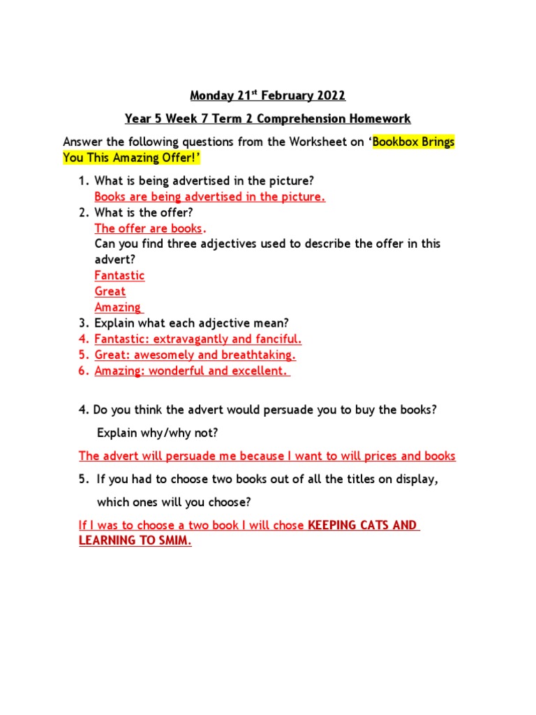 Year 5 Comprehension Homework Week 7 | PDF