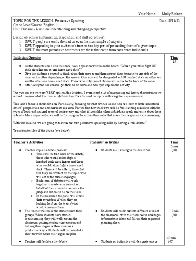 Rickert TwoColumn Hook Lesson Plan 1 PDF Persuasion Classroom