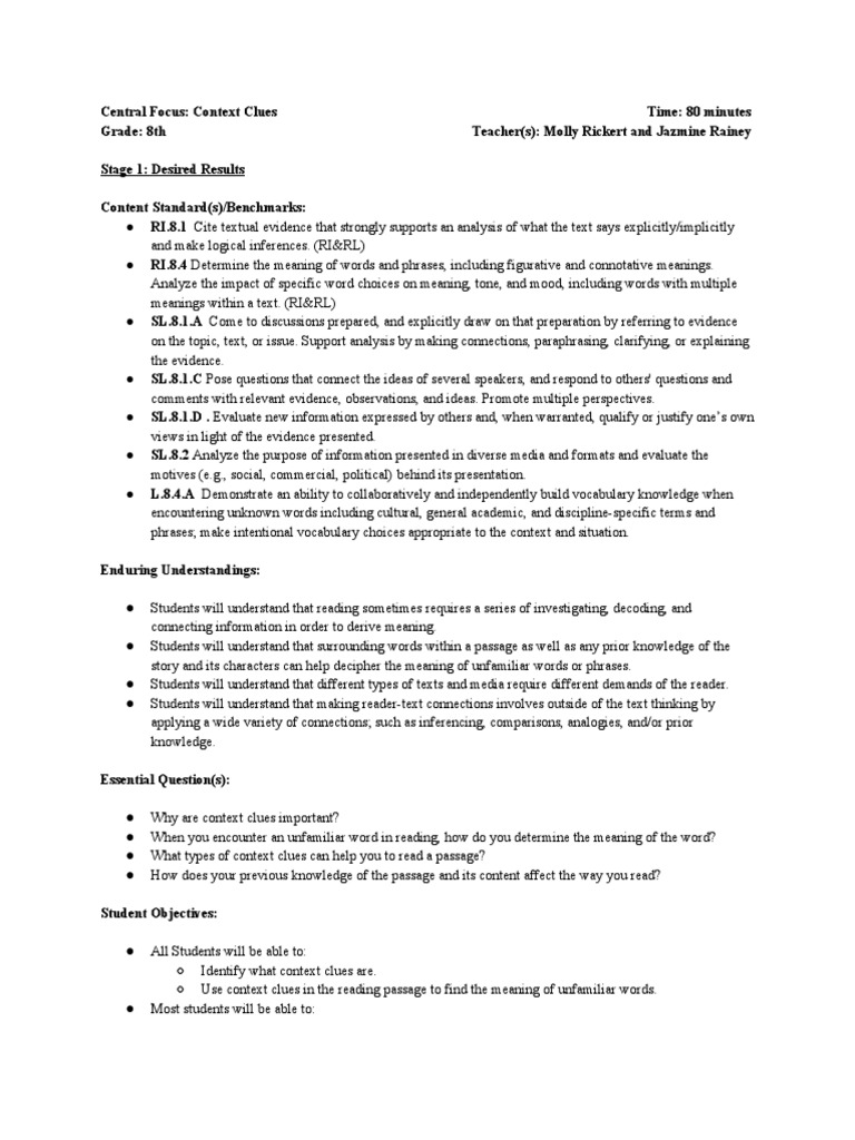 Context Clues Lesson Plan For Grade 8 Pdf Vocabulary Reading