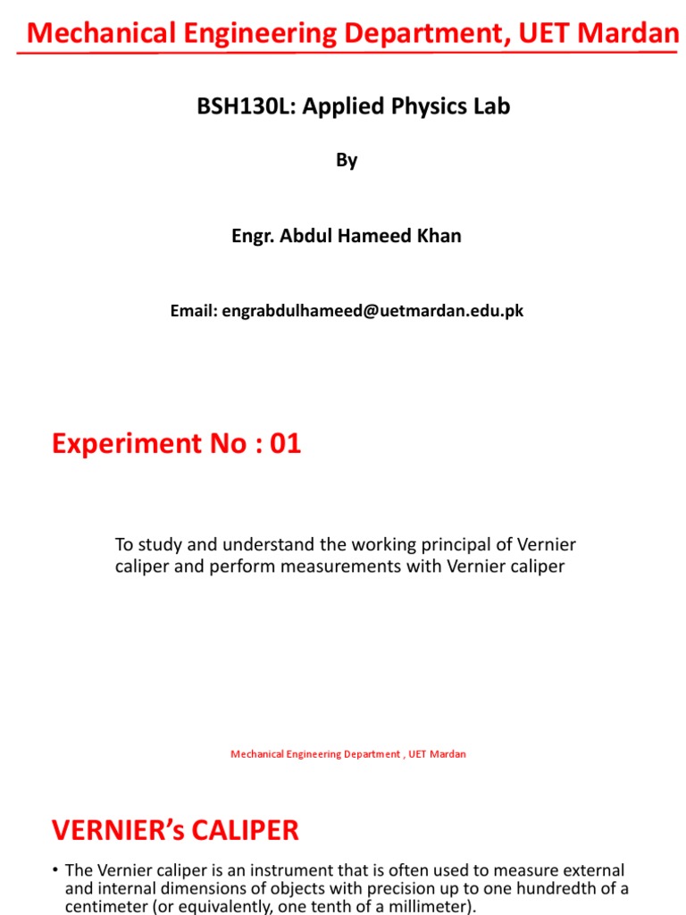 UET Mardan lab report on Vernier caliper measurements PDF
