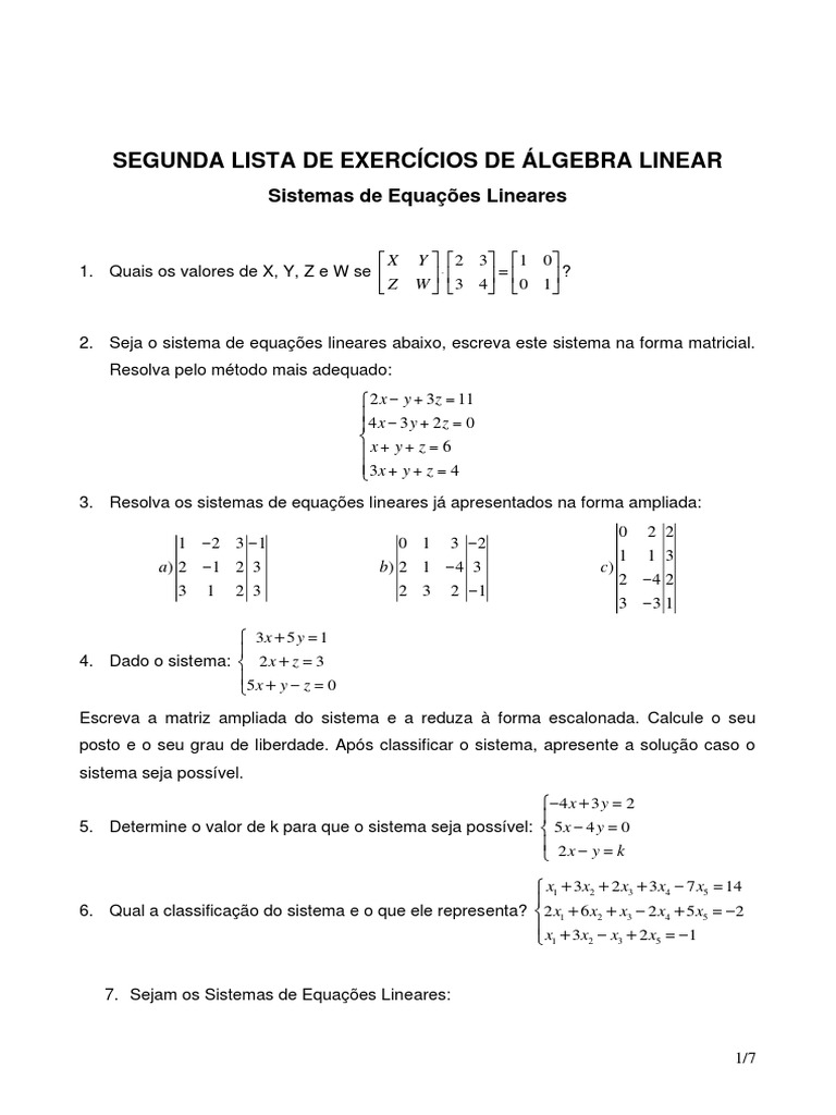 Exercícios de Sistemas Lineares em Álgebra | PDF