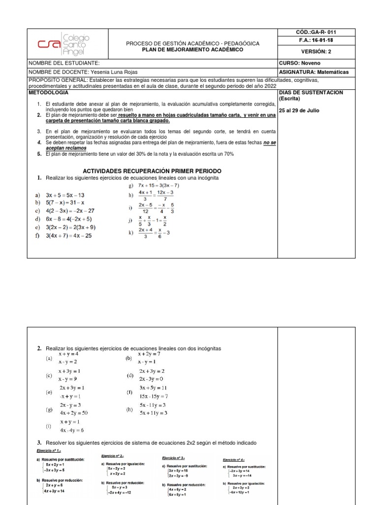 CÓD.GAR011 F.A. 160118 Versión 2 CURSO Noveno ASIGNATURA