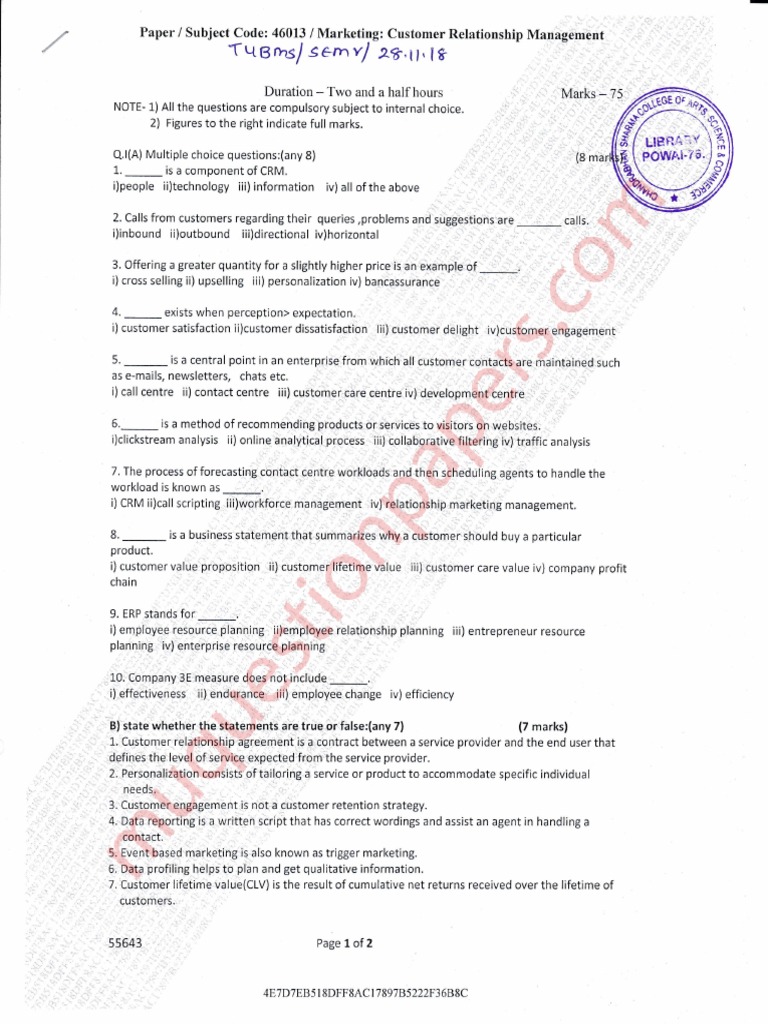 CRM Marketing Exam Paper Sem 5 | PDF | Customer Relationship Management ...