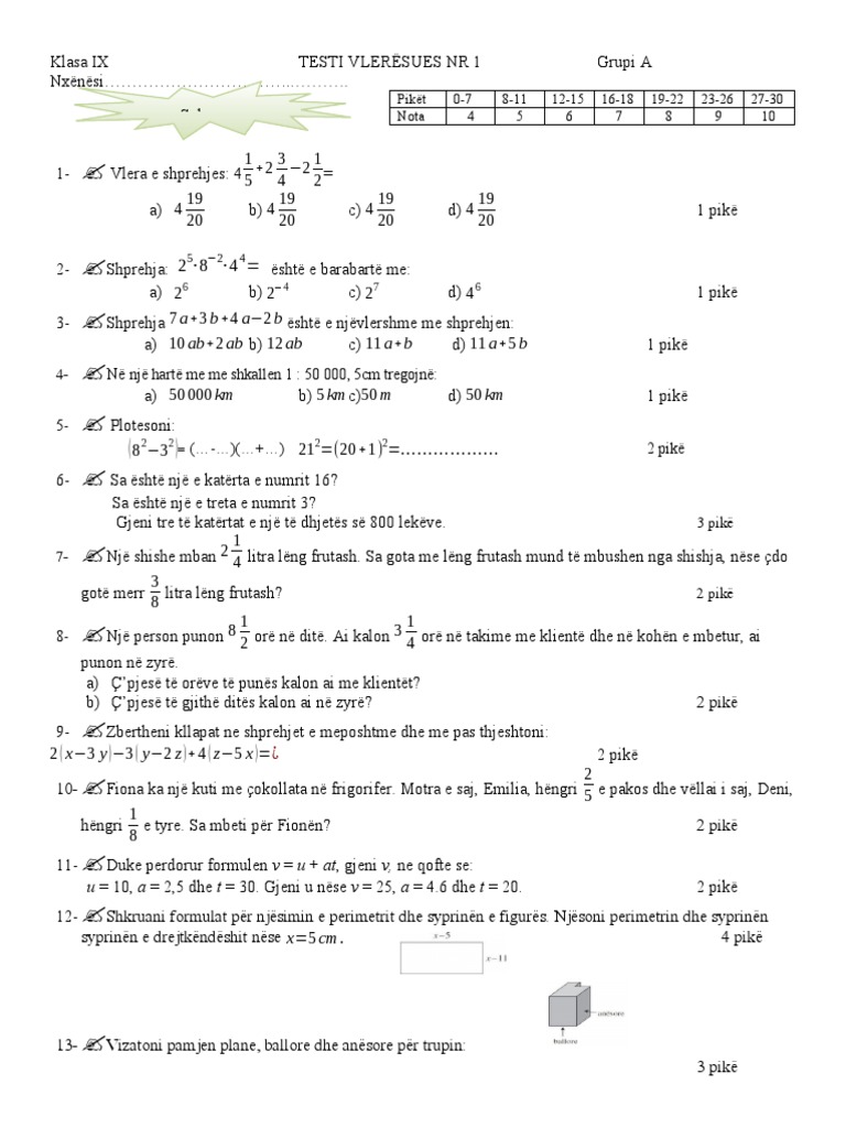 Matematika 9 - Test Vleresues 1 | PDF