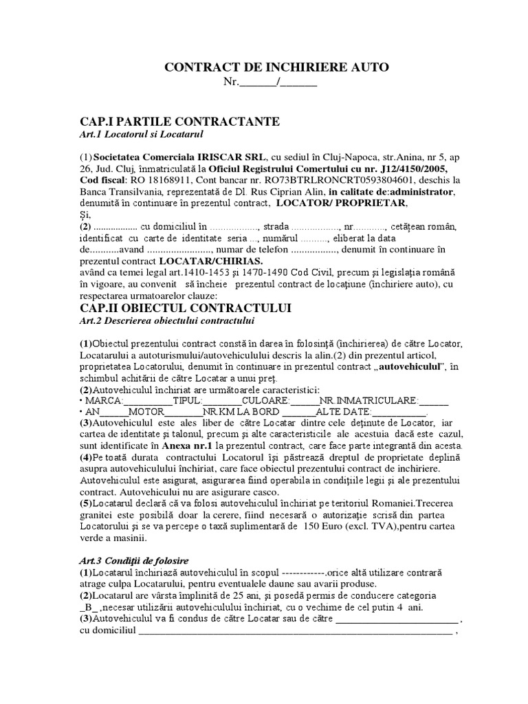 Contract Inchiriere Auto PF Zilnic | PDF