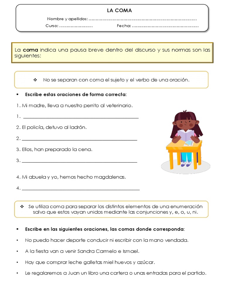Ejercicios de uso de la coma para primaria | PDF | Estudios de idiomas ...