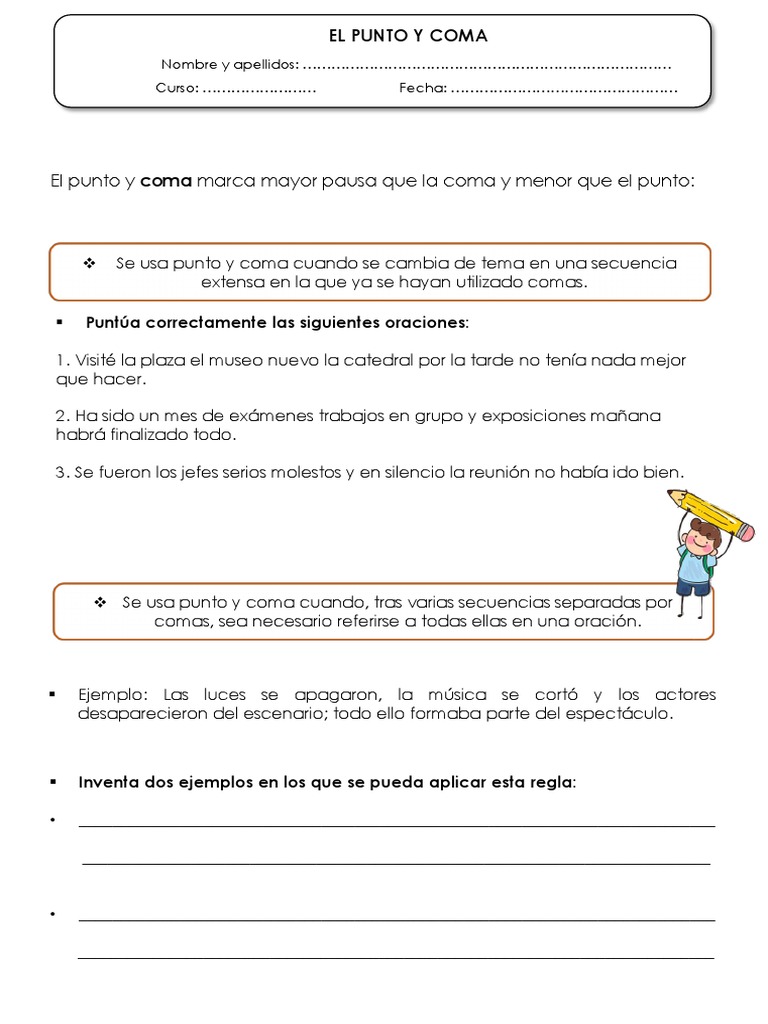 Ejercicios de punto y coma para niños | PDF | Artes del Lenguaje y ...