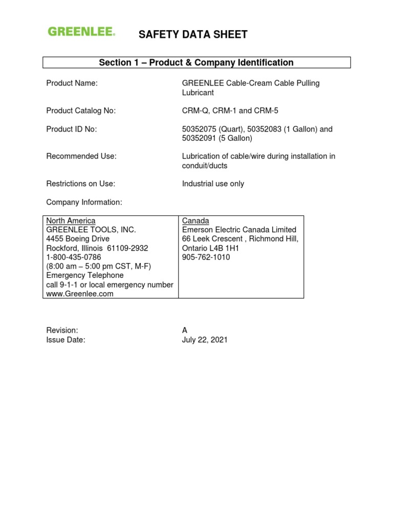 Greenlee CRM Cable Pulling Lube SDS | PDF