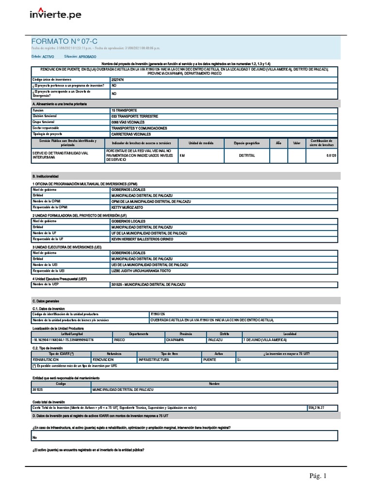 Formato 7c-Quebrada Castilla | PDF | Presupuesto | Sectores Economicos