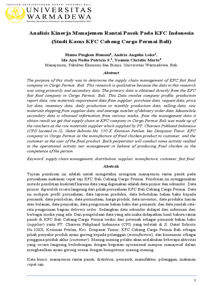 Analyzing the Supply Chain Management Performance at KFC Indonesia A