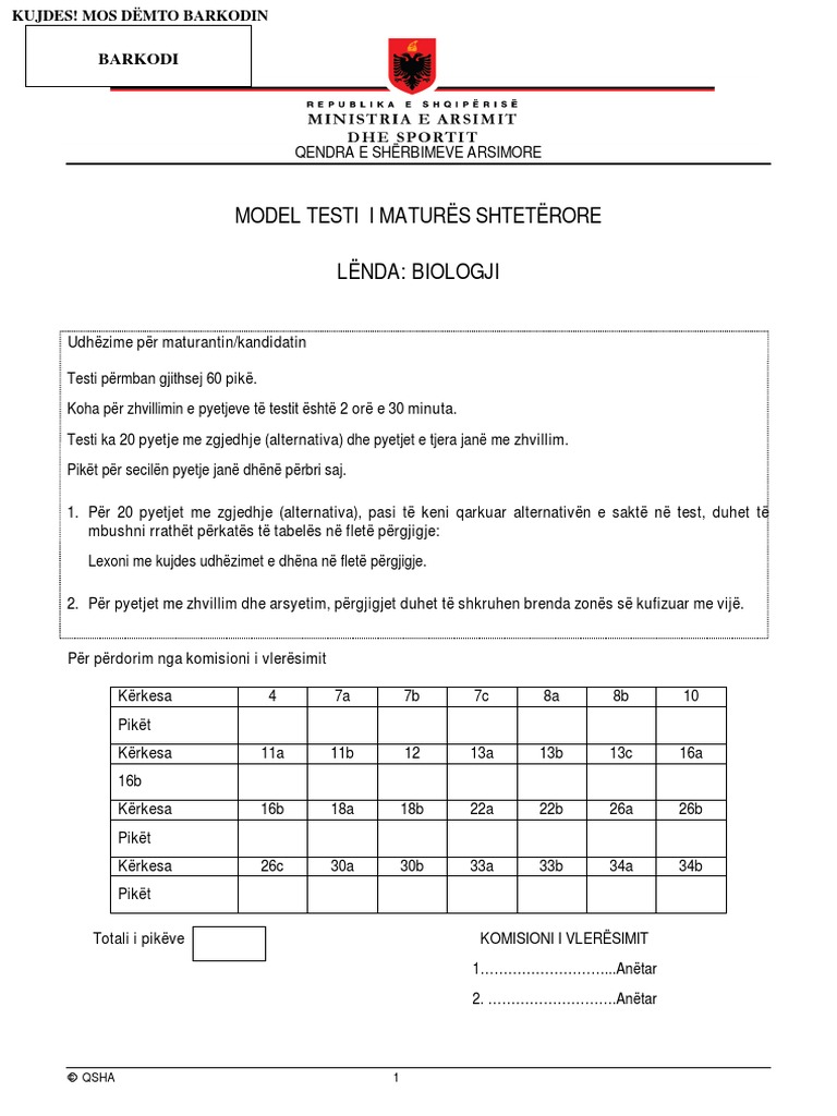 Model Testi Biologji Matura Shteterore | PDF