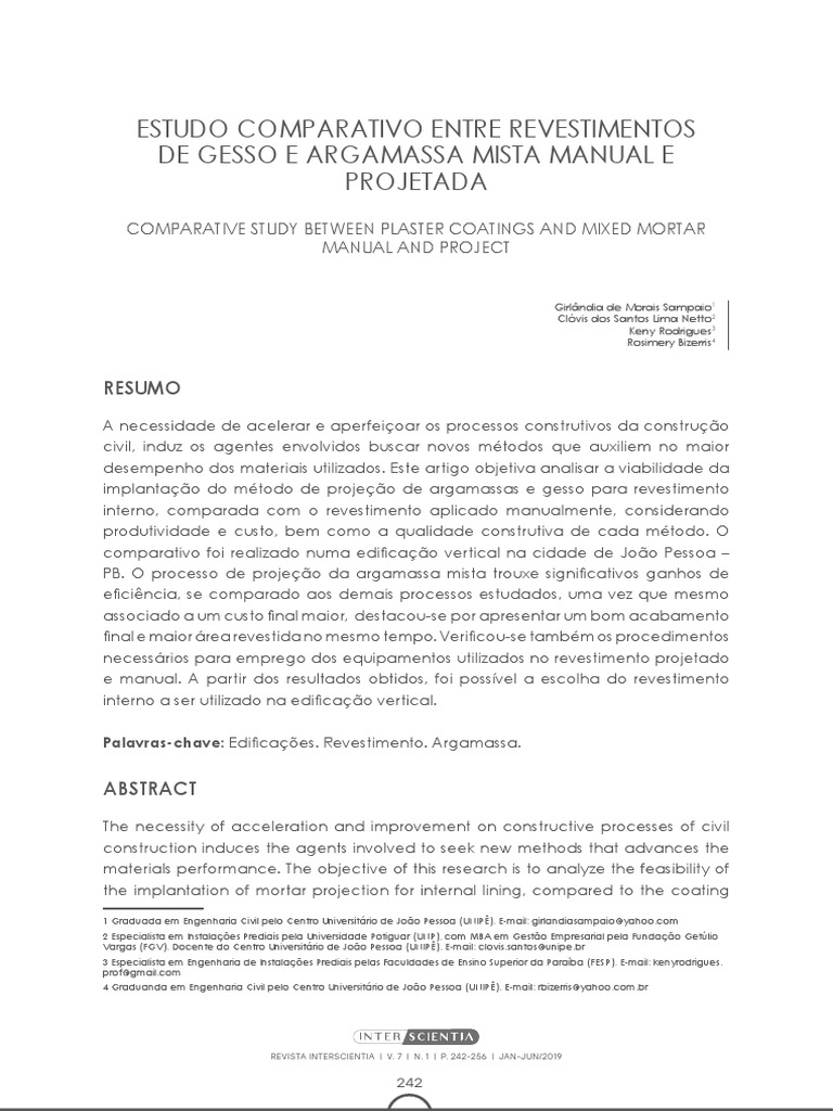 Estudo Comparativo Entre Revestimentos de Gesso e Argamassa Mista ...