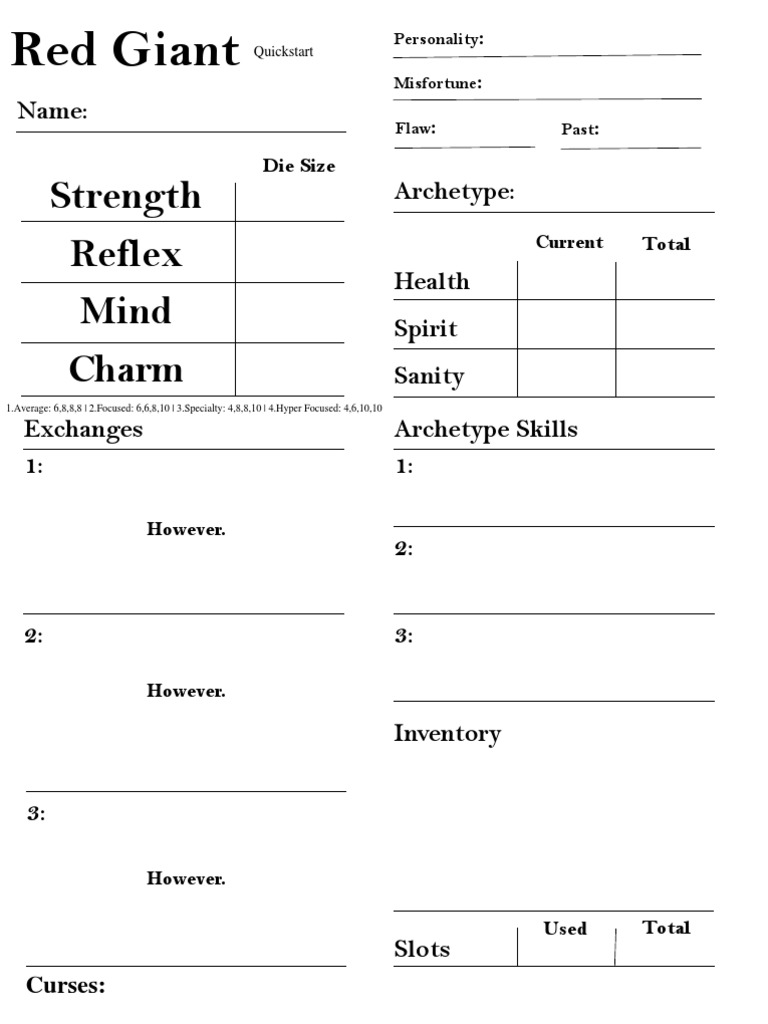 Quickstart Fillable Red Giant Character Sheet PDF
