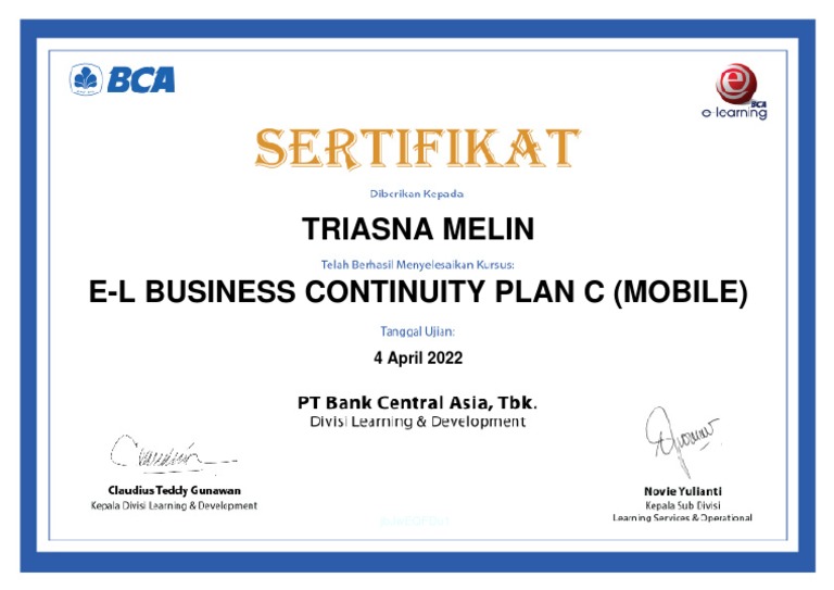 E Certificate E L Business Continuity Plan C Pdf