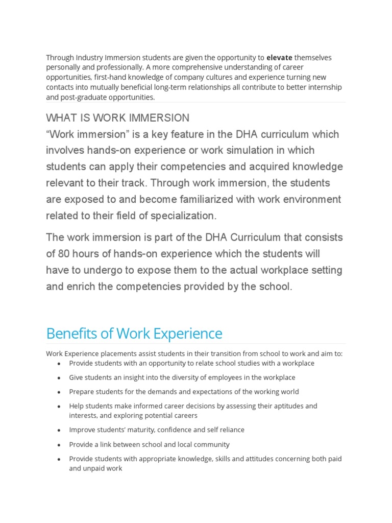 Benefits and Ethics of Work Immersion | PDF | Employment | Internship