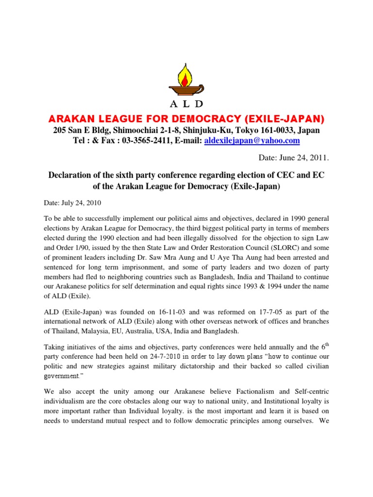 Declaration Of Arakan League For Democracy Ald Exile Japan Engl Myanmar Forms Of Government