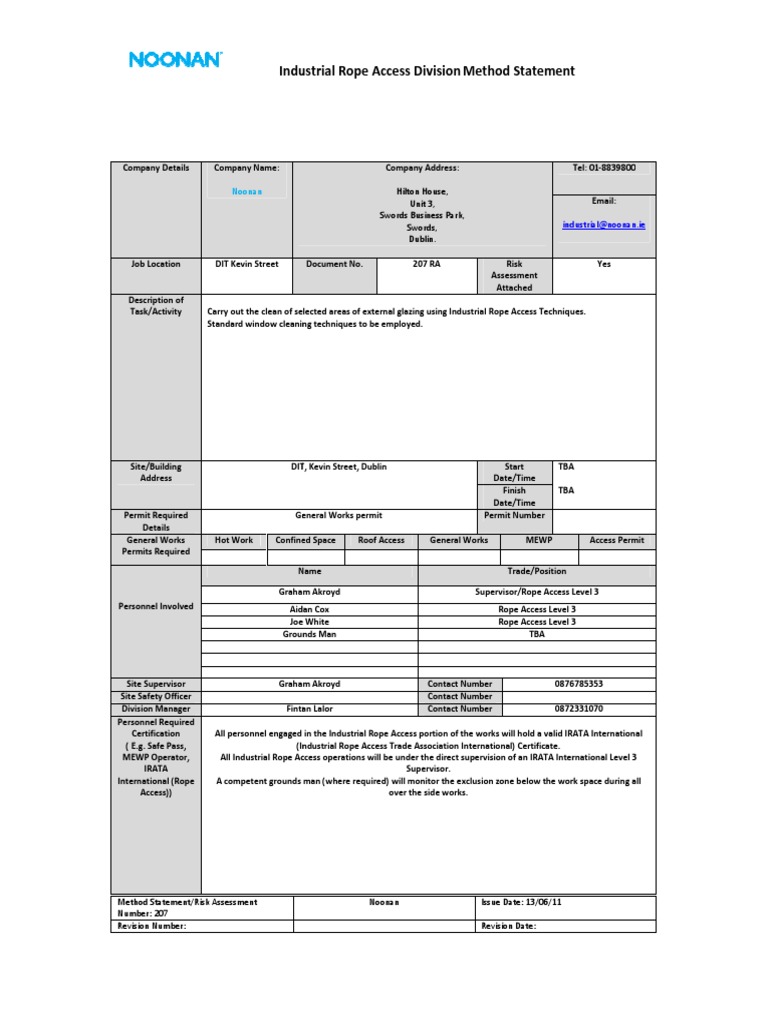 Rope Access Method Statement 207 | PDF | Wind Speed | Risk Assessment