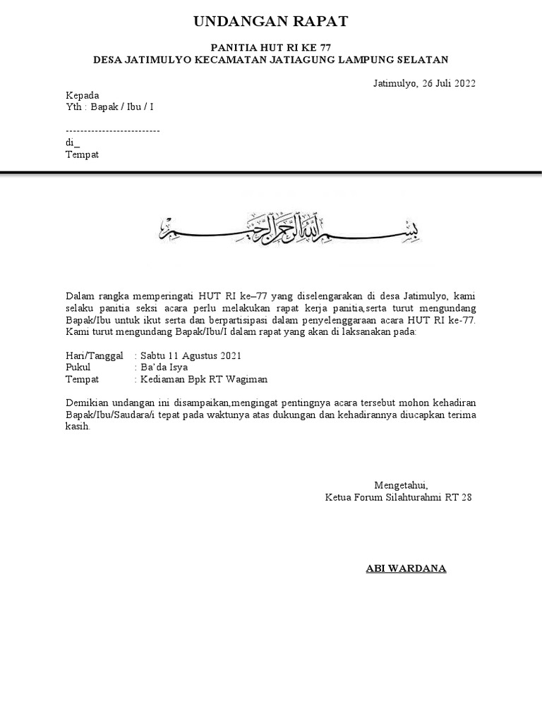 Undangan Rapat Hut Ri Ke 77 | PDF